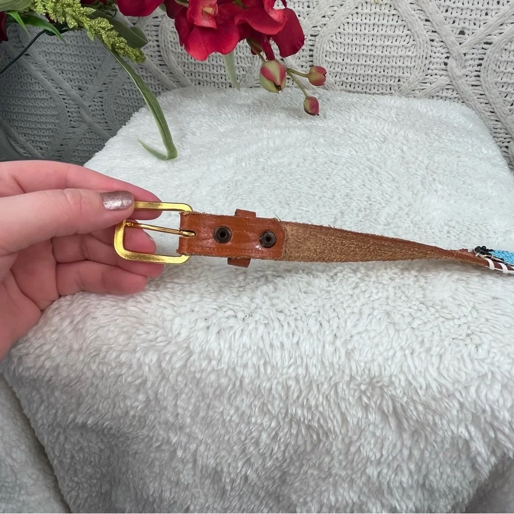 Brown Leather‎ Beaded Aztec Design Belt